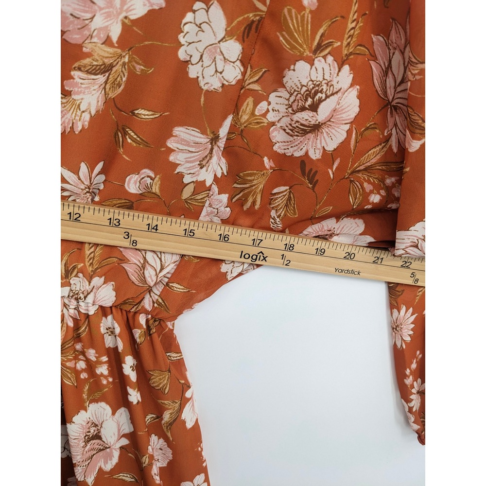 Mila Mae Midi Dress Womens Small Orange Floral Long Sleeve Belted Flowy Boho - Picture 6 of 10